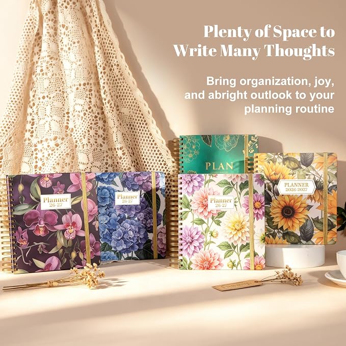 CAGIE 18 Month Planner July 2026 - December 2027, Academic Year Weekly & Monthly Planner with Tabs, 8.3 x 9.3 Floral Hardcover Organizer with 100GSM Thick Paper and Elastic Band for Women School Office