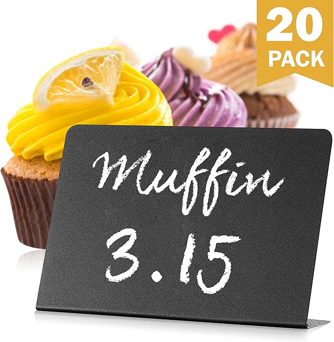 20 Pack Mini Chalkboard Signs for Food β Small 3x4 Tabletop Labels for Buffet - Wedding - Party or Catering β Reusable Plastic Black Display Stands for Chalk Board Food Tags