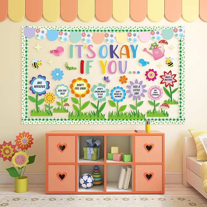 Spring Mental Health Bulletin Board Set Bloom Flower Classroom Decoration Inspirational Positive Affirmations Station Bulletin Board Cutouts for Motivational Office School Home Chalkboard Wall Decor