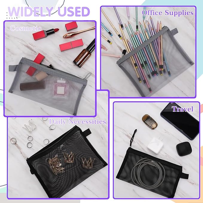 15-Piece Nylon Mesh Zipper Pouch Set - Black Makeup Bags, Cosmetic Pouches, Travel Bags (9.5 x 7.5 Inch)