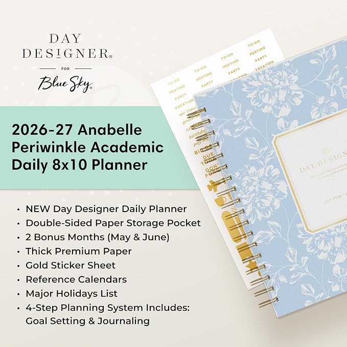 Blue Sky Day Designer 2026-2027 Daily and Monthly Academic Year Planner Calendar, July 2026 - June 2027, 8" x 10", Flexible Cover, Laminated Tabs, Storage Pocket, Includes Stickers, Annabel