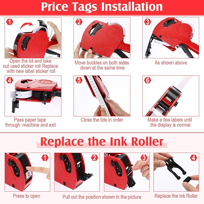 Dunzoom 3 Pack 8 Digits Price Tag Gun Label Pricing Gun Kit with 12000 Labels & 9 Ink Rollers for Retailer Supermarket Grocery Store Food(Red)