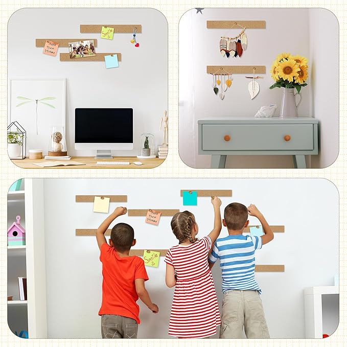 Aodaer 12 Pack Cork Boards Strips 15 x 2 Inch Board Bar Strips with 50 Push Pins and 45 Adhesive Stickers Frameless Bulletin Board for Office School Wall Decorations