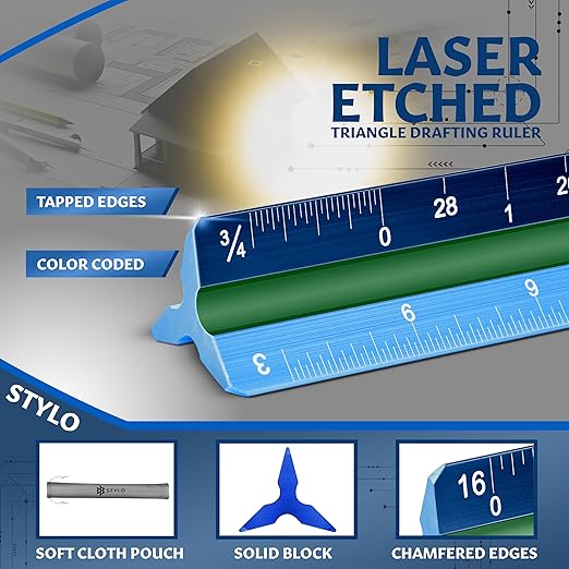 Stylo 12" Aluminum Architect Scale Ruler Laser Etched Triangle Drafting Ruler, Color Coded Grooves for Blueprint, Drafting and Drawing, Architectural Scale Ruler for Blueprints (Blue, Imperial Units)