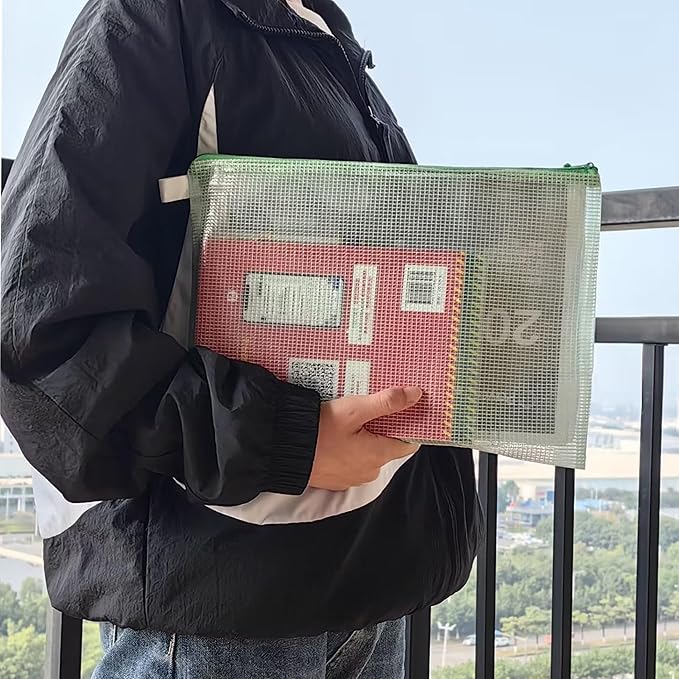 Mesh Document Bag Set of 10, Waterproof Zipper Pouch / A4 Size Zip File, for Household Daily Storage School Office M-D-2B (Red, A4 (13.5×9.5 Inch))