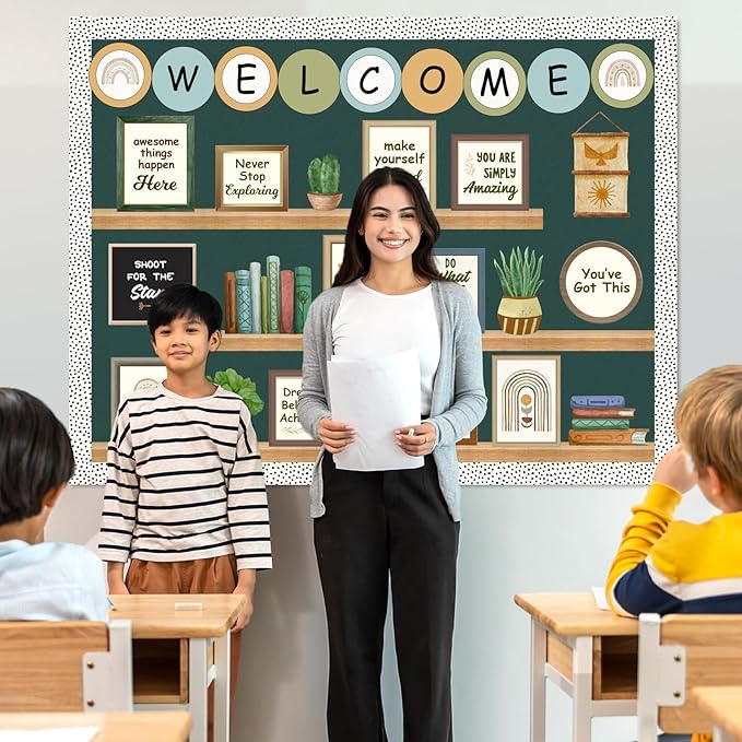 Welcome Back to School Bulletin Board Decorations, Boho Classroom Decor, Greenery Plant Bookshelf Inspirational Affirmation Cutouts for Teacher Welcome School Supplies Classroom Door Wall Decor