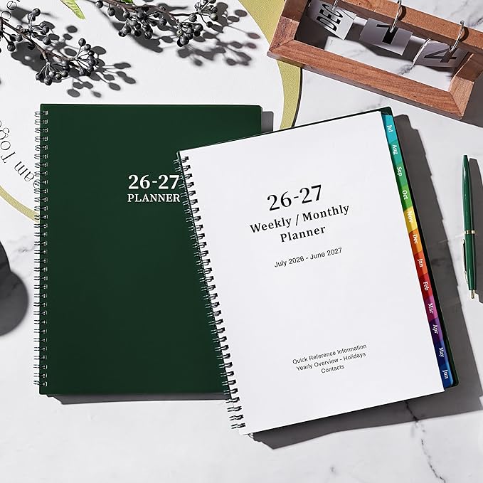 Planner 2026-2027 - Academic Planner 2026-2027, Jul.2026 - Jun.2027, 9"×11", 26-27 planner weekly and monthly with Inner Pocket, Colorful Tabs, Twin-wire Binding - Emerald