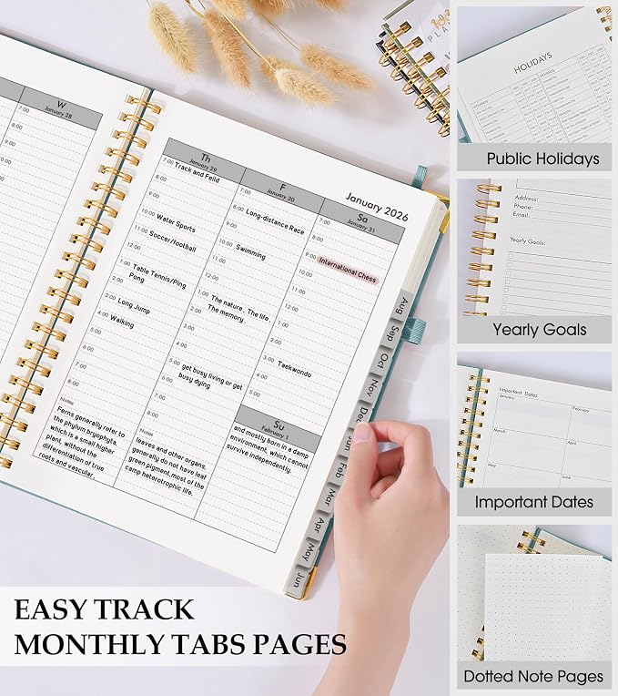 2026 Planner, Weekly and Monthly Calendar Planner from January 2026 - December 2026, 5.75" x 8.38" Hardcover Leather Hourly Appointment Book with Tabs, A5 Spiral Daily Planners for College School Work Home, Blue