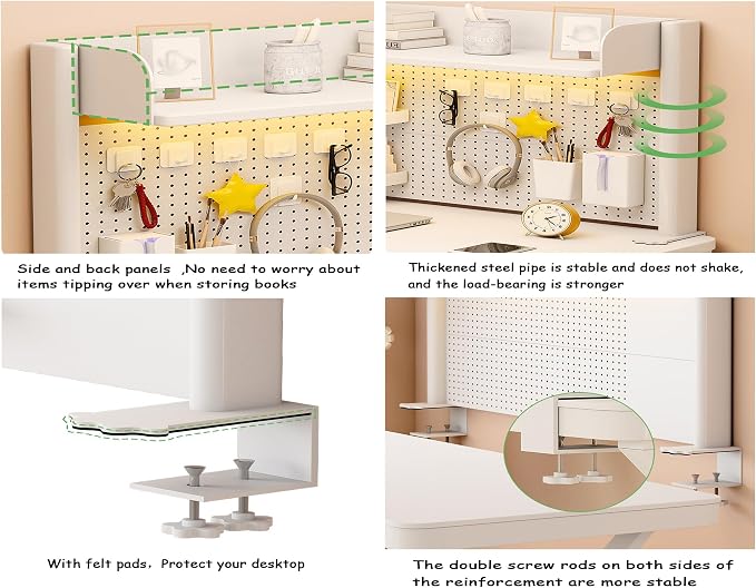 23.6 Inch Clip-on Desktop Organizer Bookshelf with Pegboard, Desk Shelf Organizer, Multipurpose Computer Desk Desktop Bookshelf, Desk Extender Pegboard Clamp, Desktop Display (White)
