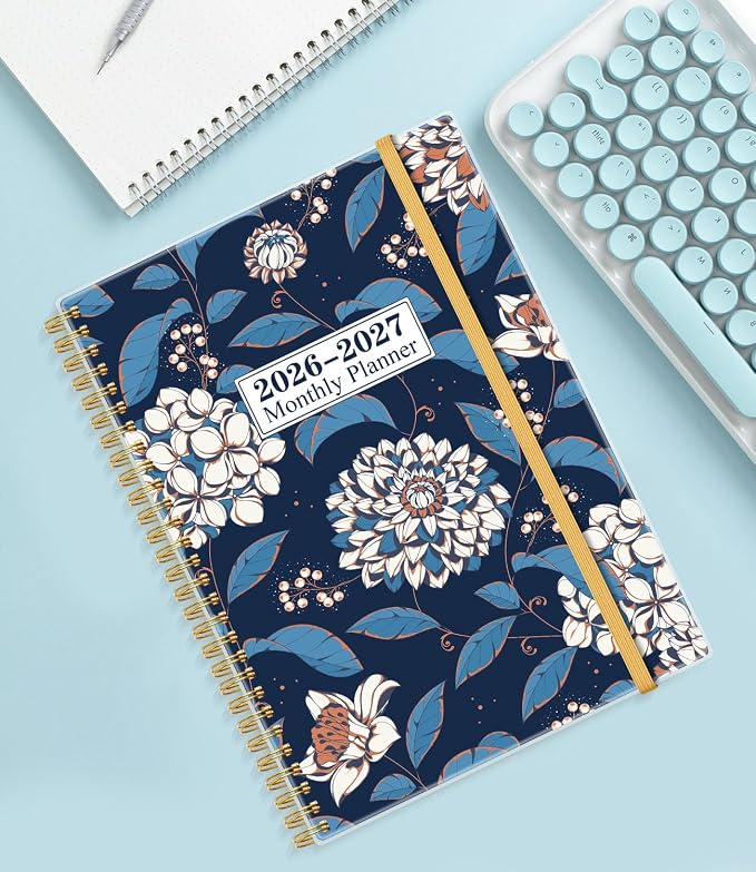 Monthly Planner 2026-2027 – Monthly Calendar from May 2026 to December 2027, 20 Month Planner with Spiral Binding, Inner Pocket, Elastic Closure, 8.5" x 11", Flower-A