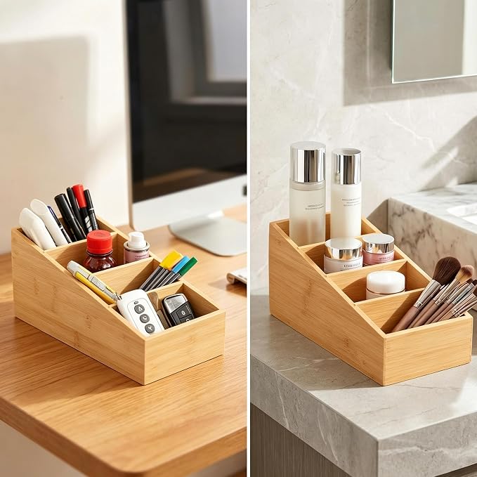 2 Pack Bamboo Snack Organizer for Kitchen, Cabinet, Office,countertop, Wood Food Pantry Organizers and Storage for Spices, Snacks, Tea, Coffee, Seasoning Pouches (4 Section)