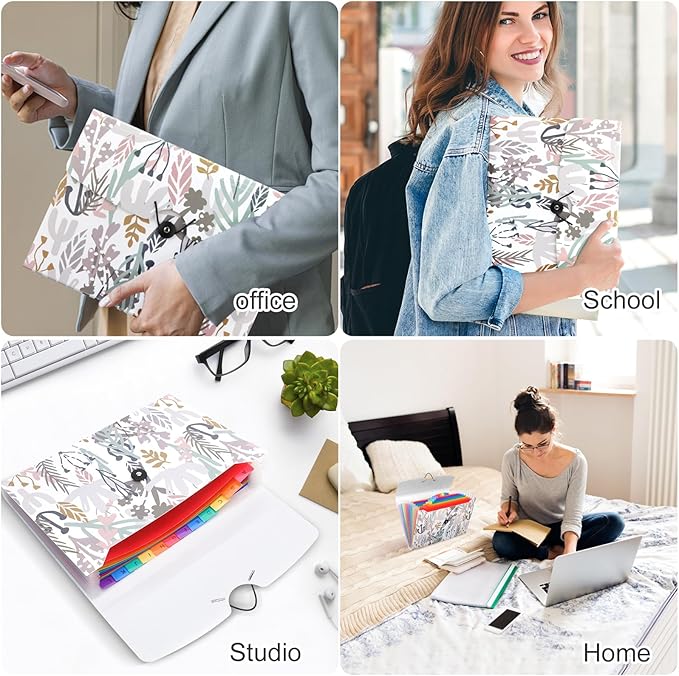 Uquelic 13-Pocket Expanding File Folder, Accordion File Holder with Elastic Buckles Closure – Holds Letter/A4 Size Documents, Floral Printed Accordion Folder, School Office Supplies(Seagrass Print)