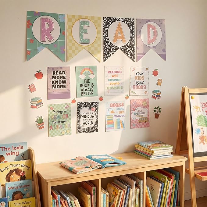 Reading Classroom Decorations Library Posters Bulletin Board Sets for Elementary Classroom Pennants Decor for Back to School Nursery Library Teacher Supplies(Macaron Colors)