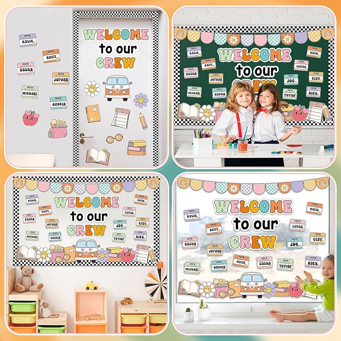 Groovy Back to School Bulletin Board Decorations Welcome to Our Crew Classroom Bulletin Board Border Set Retro Groovy Daisy Hippie Paper Cutouts Preschool Chalkboard Wall Decor