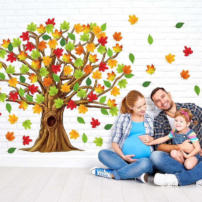 Gersoniel 90 Pieces Classroom Tree Bulletin Board Decorations Conversation Fall Leaves Cutouts Autumn Stickers for Classroom Home Wall Decor(Natural Style)