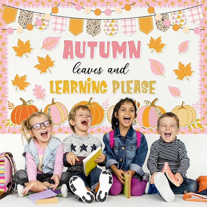 JarThenaAMCS 78Pcs Fall Thanksgiving Classroom Bulletin Board Decorations Pink Orange Pumpkin Maple Leaf Cutouts for Autumn Harvest Party Supplies School Chalkboard Wall Decor