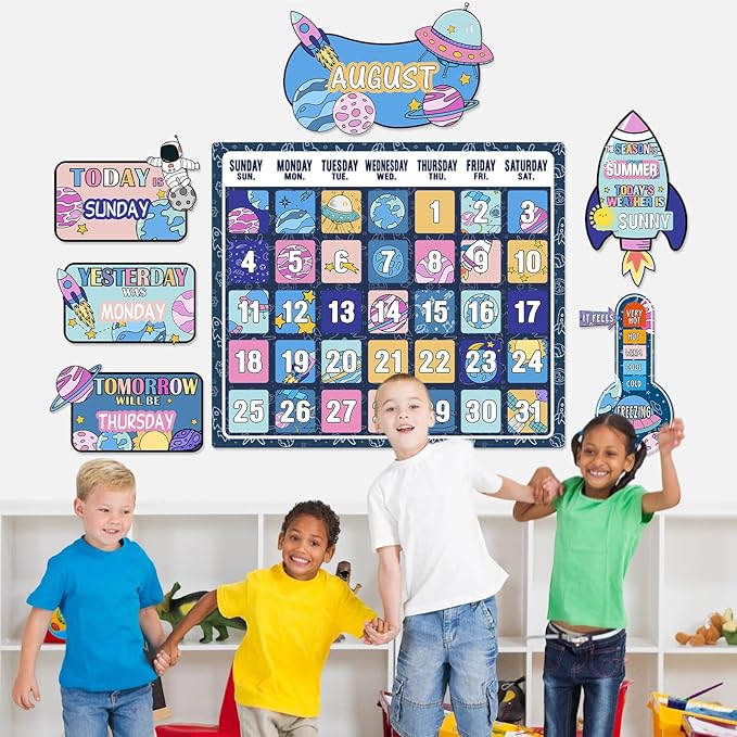 Cholemy 85 Pcs Calendar Bulletin Board Set Classroom Calendar Bulletin Board with Numbers Month Weather Classroom Decoration Wall Decor for Chalkboard Back to School Supplies(Cartoon Space)