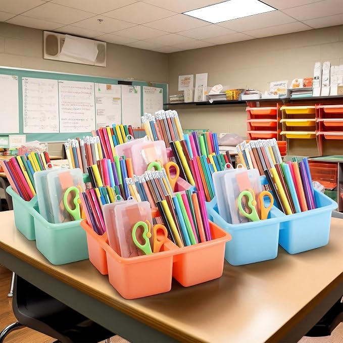 Lineshading 12 Pack Plastic Classroom Caddy - 4 Compartment Organizer Boho Color Table Caddy with Handles for School Home Office Supplies (Yellow,Green,Blue,Pink,Red,Orange)