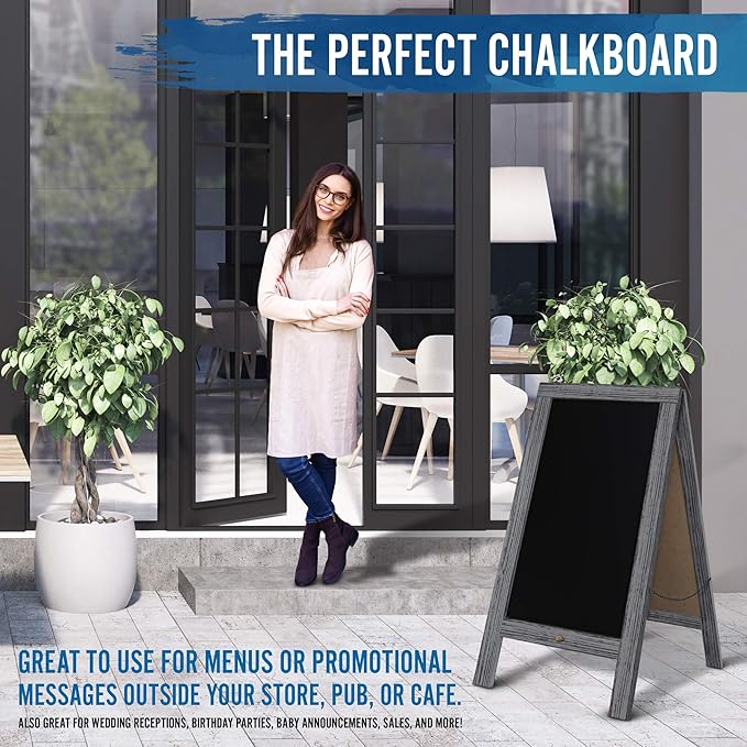 A Frame Chalkboard with Chalk Markers by HBCY Creations: 40x20 Solid Wood A-Frame Sign Gray Double-Sided Magentic Menu Board, Deluxe Set Includes 8 Chalk Markers, 10 Stencils, 2 Magnets