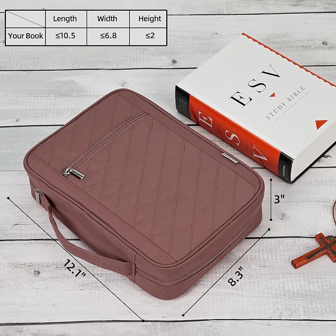 FINDCOZY Bible Cover for Women, Durable Carrying Book Case Church Bag for Biblical Accessories with Handle and Zippered Pocket,Rosewood-Pink