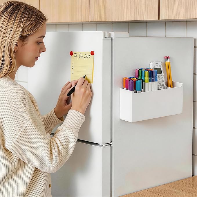 FRETONBA Large Magnetic Dry Erase Marker Holder for Whiteboard, Magnetic Pen Holder Organizer with Adjustable Compartments, Strong Magnet Storage for Office Classroom Home, White