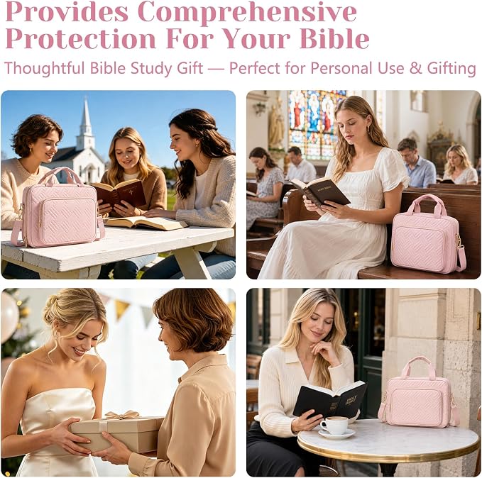 XKDOUS Bible Cover Case for Women, Quilted Large Bible Bag with Shoulder Strap, Bible Study Supplies with Highlighters, Tabs & Journaling Kit, Christian Gifts for Mom & Women (Pink)