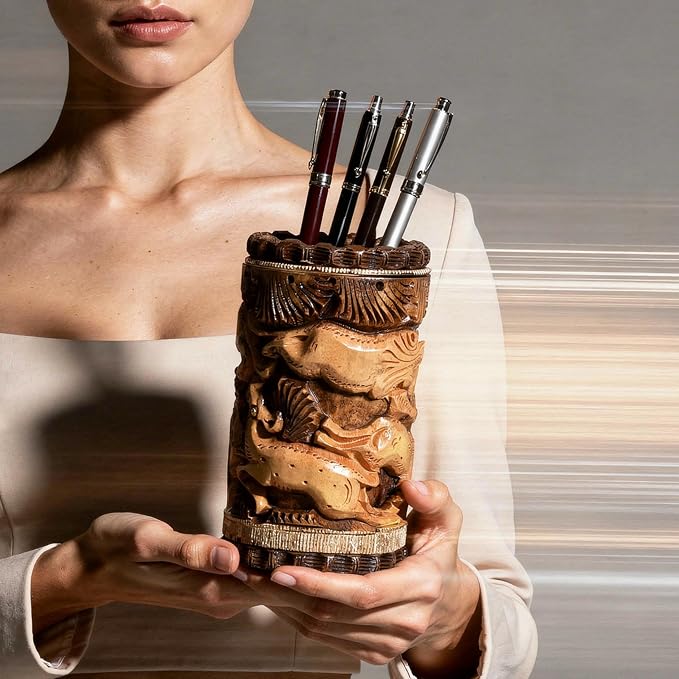 Craft Trade Hand Carved Wood Pen Holder for Desk Organizer for Home School Office Supplies Pencil Cup Pot Storage Box Suitable for Stationery - Wooden