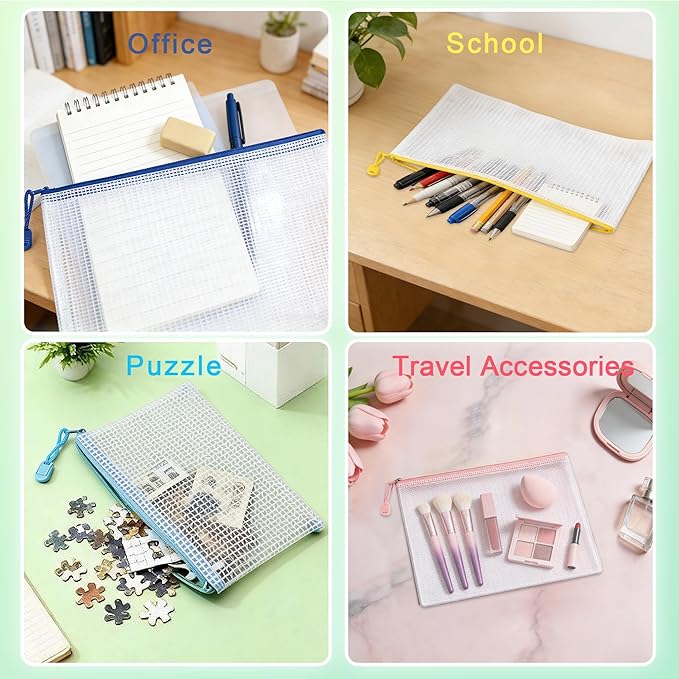 25-Pack Mesh Zipper Pouch Set with 1 Organizer Bag, 5 Sizes (A4 A5 A6 Bill B6) Clear Waterproof File Bags for Classroom Organization, Puzzle Storage & Large Scale Home Sorting (26pcs)