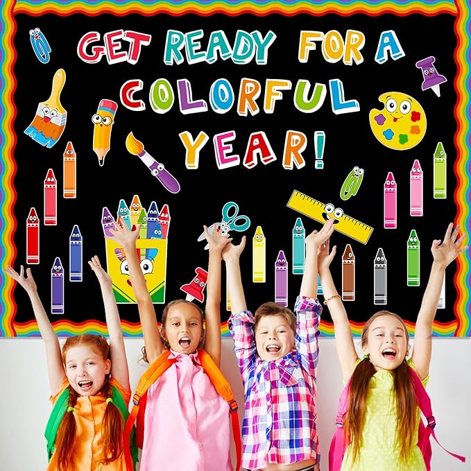 Pasimy 121 Pcs Crayon Theme Classroom Decorations Back to School Bulletin Board Border Set Colorful Crayons Name Tags Cutouts for First Day of School Teacher Supplies Classroom Chalkboard Wall Decor