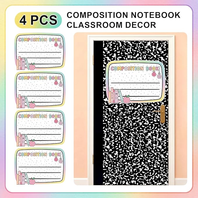 Gueevin 4 Pcs Large 23 * 16.5 inch Composition Book Cutouts Composition Notebook Bulletin Board Trim for Classroom Door First Day of School Wall Windows Porch Sign(Pastel)