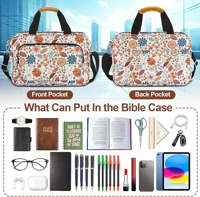 Bible Cover Case for Women,Bible Carrier,Floral Print Bible Bags for Women Organizer,Bible Holder Case with Shoulder Strap,Handle,Bible Study Supplies Kit with Highlighters,Tabs,Pens,Christian Gift