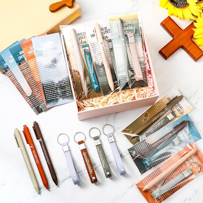 150 Pcs/50 Set Fathers Day Christian Gifts Bulk Bible Verse Pens, Scripture Keychains & Bookmarks, Graduation 2026, Appreciation, Church Party Favors Gifts for Men Women, Pastor, Teacher (Spanish)