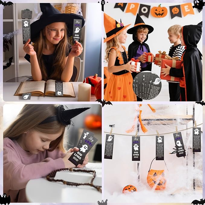 TICIAGA Halloween Religious Christian Bookmarks - 60Pcs Halloween Ghost Bookmarks for Kids, Double Sided Book Tracker Hey Boo Page Marker for Book Lovers, Christian Church Giveaways for Sunday School