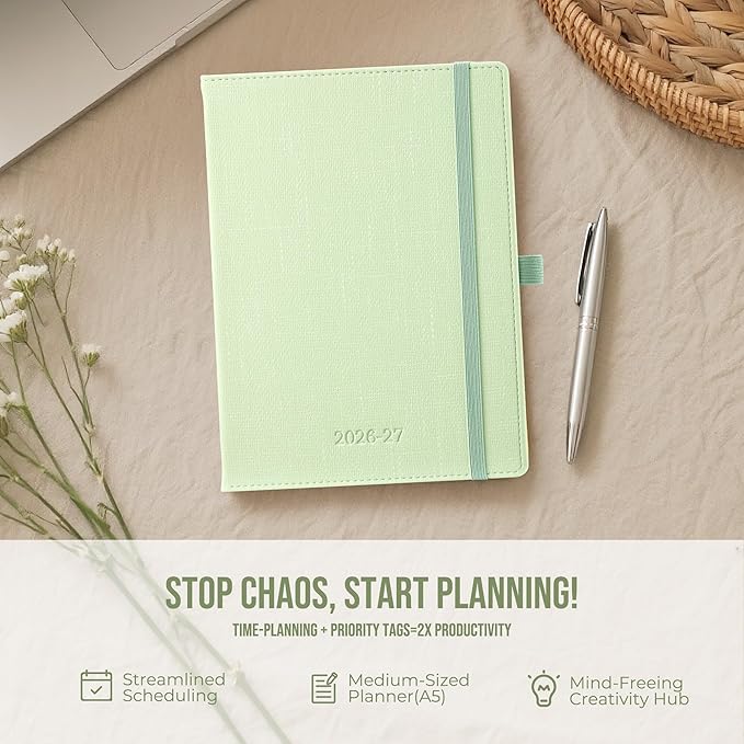 Planner 2026-2027 Weekly & Monthly Planner with Hourly Time Slots, 18 Month Academic Calendar July 2026 – Dec 2027, Vertical Layout, Monthly Tabs, Textured Fabric Hardcover, Green