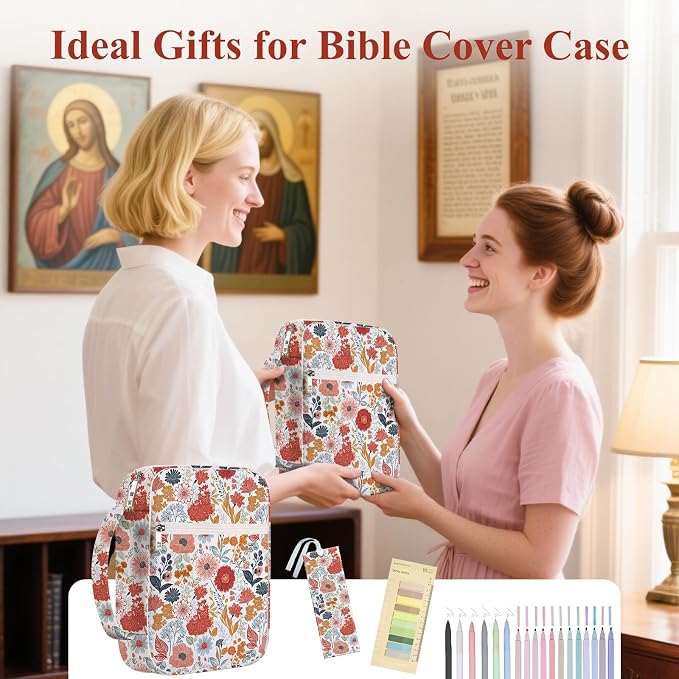 Bible Cover Case for Women Bible Case Set Bible Study Supplies Wildflower Bibles Book Covers with Bookmark and Stickers Bibles Cases with Handle Pocket Religious Easter Gifts for Women