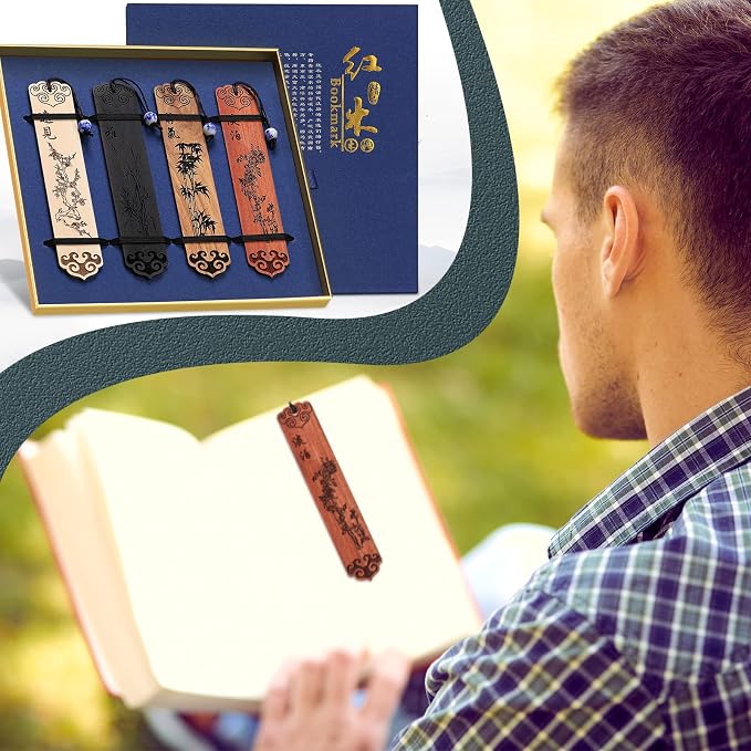 Outus 4 Pieces Wooden Bookmarks for Men Women Employee Father's Day Appreciation Gifts for Men Back to School Gifts Vintage Handmade Natural Carving for Book Lovers Birthday(Vintage Style)