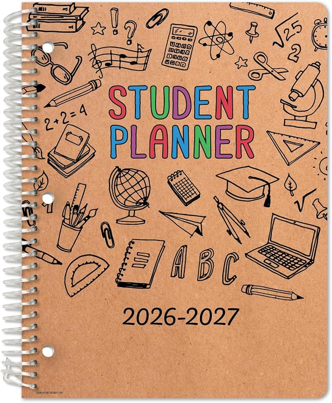 Global Datebooks 2026-2027 Middle & High School Student Planner 8.5" x 11" - Dated Weekly & Monthly Academic Planner with Ruler/Bookmark & Stickers, Ideal for Homework, Block Style, Kraft Doodles