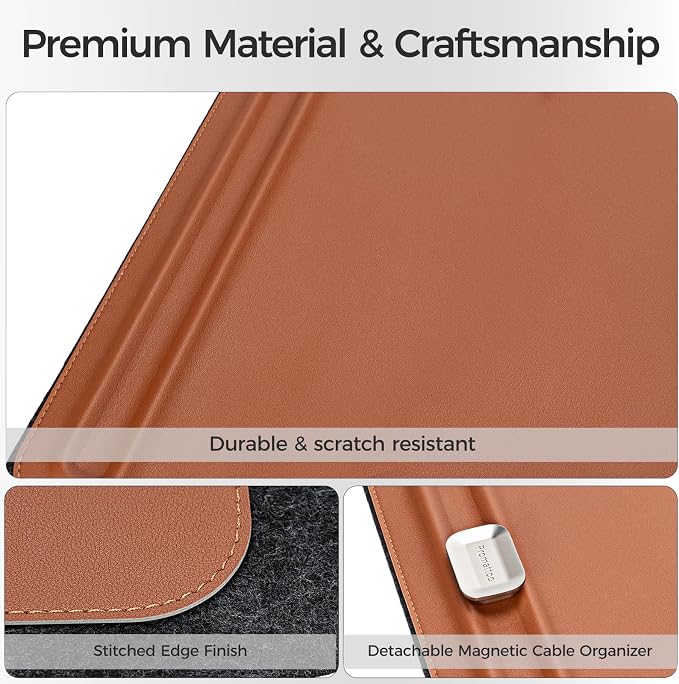 Desk Mat – Double-Sided Vegan Leather & Felt | Built-In Magnetic Cable Organizer & File Storage | Premium Workspace Pad for Office, Gaming & Creative Professionals-(Brown)