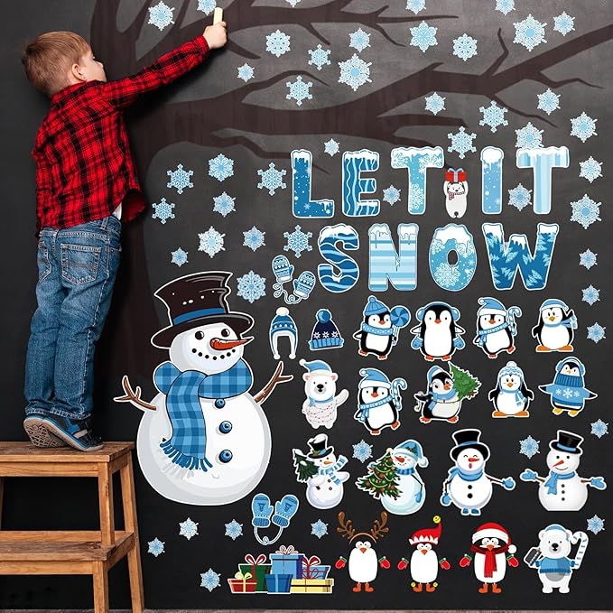 Maitys 124 Pcs Winter Bulletin Board Decorations Christmas Snowflake Let It Snow Tree Snowman Penguin Cutouts Tree Bulletin Board Set for Classroom Home Office Holiday Winter Room Wall Window Decor