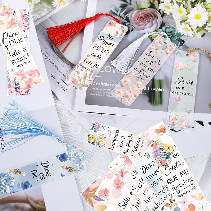 UV DTF Bookmark Wraps - 24 Sheets Bible Acrylic Bookmark Blanks Sticker, Spanish Bible Verse UV DTF Transfer Stickers, Flower Inspirational Quote Design for Book Lover