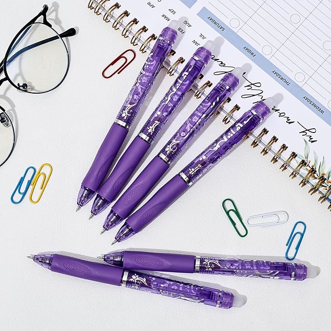 6 Pcs Retractable Erasable Pens, Colored Gel Purple Ink Pens Clicker with Erasers, 0.5mm Fine Point Smooth Writing Pen for Journaling Note-Taking Crossword Puzzles Supplies (Purple)