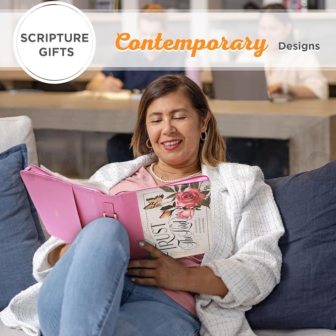 Christian Art Gifts Rose Pink Floral Fashion Bible Cover for Women: Trust in the Lord - Prov. 3:5 Inspirational Scripture Verse, Vintage Vegan Leather Book Carry Case Bag w/Stationery Storage, Large