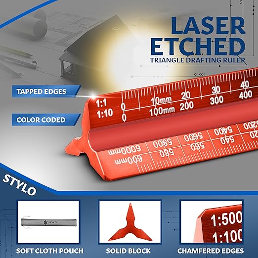 Stylo 12" Aluminum Architect Scale Ruler Laser Etched Triangle Drafting Ruler, Color Coded Grooves for Blueprint, Drafting and Drawing, Architectural Scale Ruler for Blueprints (Red, Metric Units)