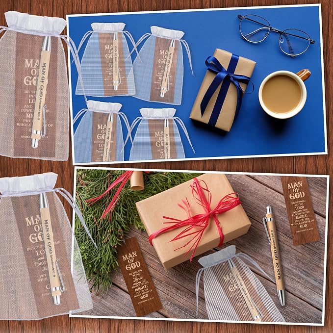 Dispowreath 24 Pcs/12 Sets Man of God Gift, Include 12 Man of God Ephesians 6: 10-11 Bookmark 12 Bible Verse Bamboo Ballpoint Pen for Men Church Prizes Party Favors