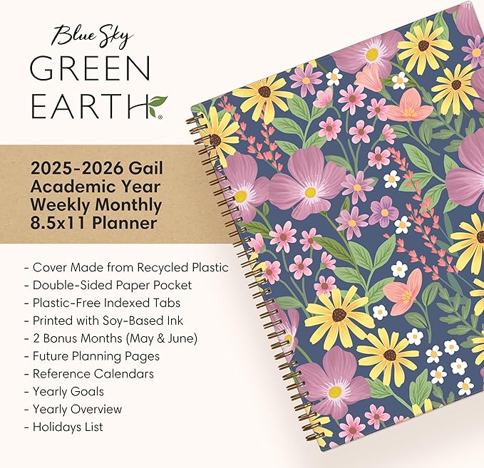 Blue Sky Sustainability 2025-2026 Weekly and Monthly Academic Year Planner Calendar, July 2025 - June 2026, 8.5" x 11", Flexible Cover From Recycled Plastic, Wirebound, Laminated Tabs, Storage Pocket, Gail