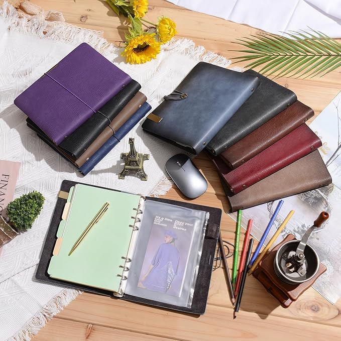 WONDERPOOL Leather Journal Lined Paper Notebook & Pen - Refillable 6 Ring Binder Writing Spiral Diary with Ruled Notepads Vintage Cover for Office Travel Work and Plan Agenda (a-Green, A5)