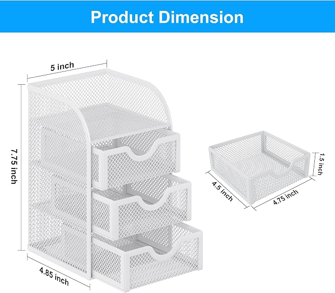 EasyPAG Mesh Desk Organizer with 3 Drawer Office Desktop Organizers and Accessories Stationery Caddy for Office, Home, Students, White