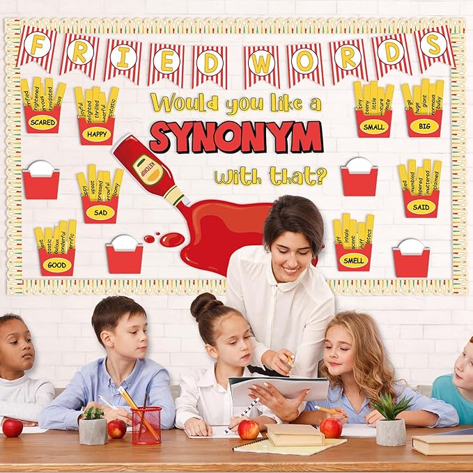Synonym Bulletin Board Set Fried Words Classroom Decoration Other Way to Say Synonym Bulletin Board French Fry Box Cutouts for English Educational Classroom Back to School Chalkboard Wall Decor