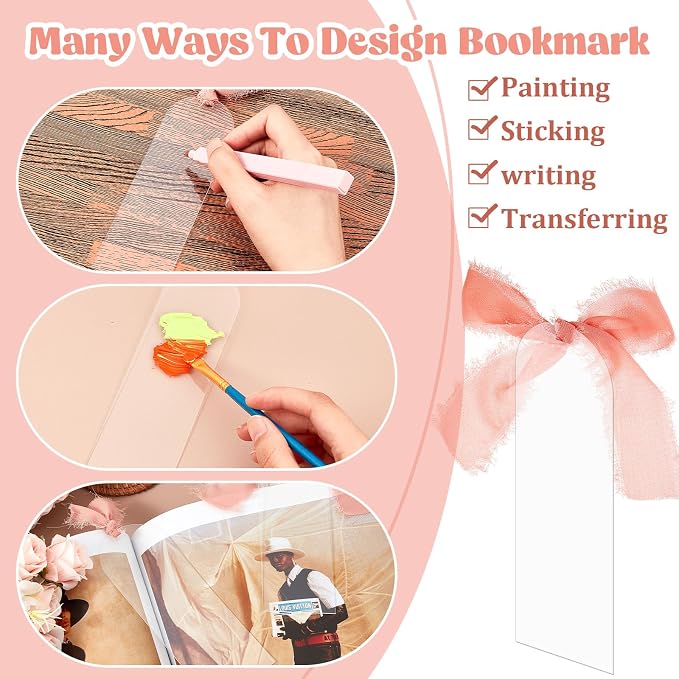 Yeaqee 100 Pcs Acrylic Bookmark Blanks Clear Bookmarks Acrylic Tags with 2 Rolls Ribbon DIY Craft Transparent Bookmark for Reading Lovers for School Presents(5.9 x 2 Inch,Dusty Pink)