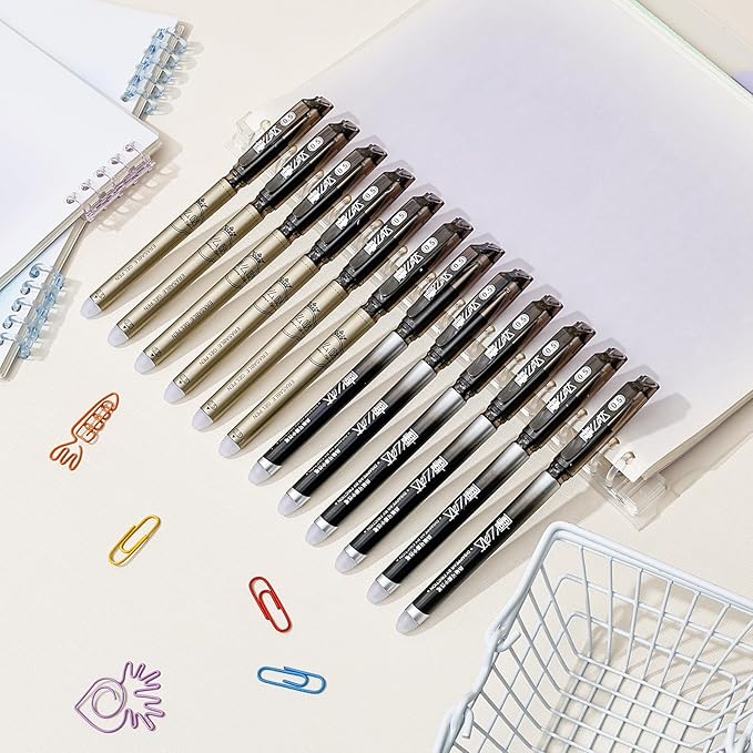 Temiary 12 Pcs Erasable Gel Pens, 0.5 mm Fine Point Heat Erasable Gel Ink Pen, Quick Dry for Writing, Journaling, and Crossword Puzzles, Smooth Writing for School Office Supplies (Black)